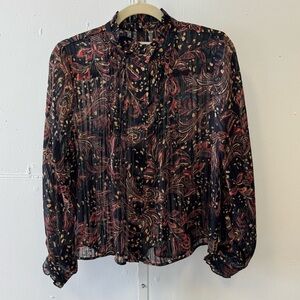 NWT Mango Flora Paisley Metallic Contemporary Ruffle Sheer Blouse Blk Burgundy 4